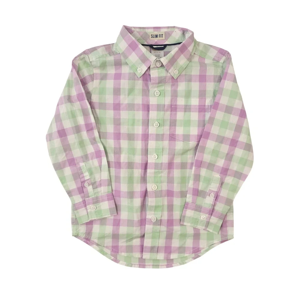 Gymboree Boys XS 3-4 Slim Fit Gingham Button‎ Down Shirt Purple Green Check